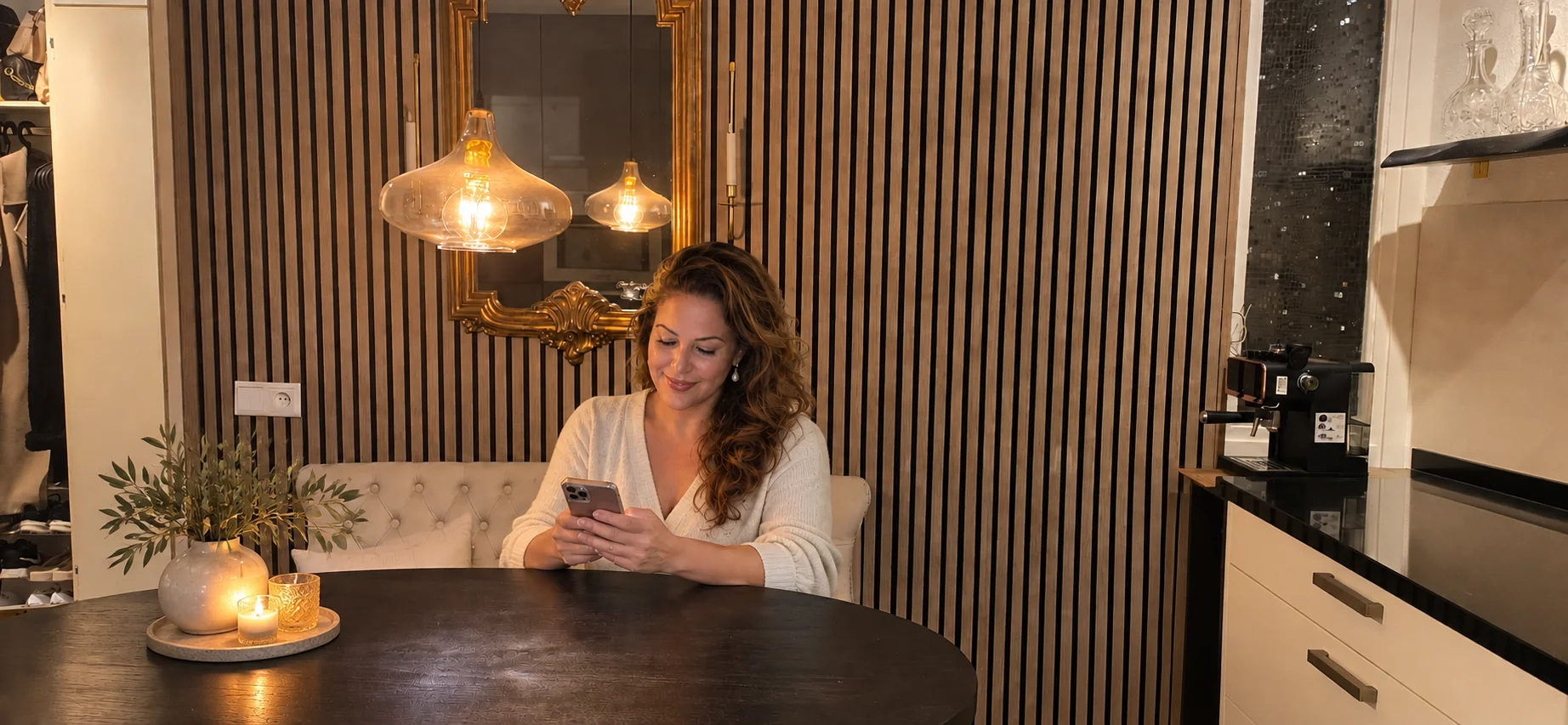 Nicole van Divine Balance beantwoordt een bericht aan haar keukentafel