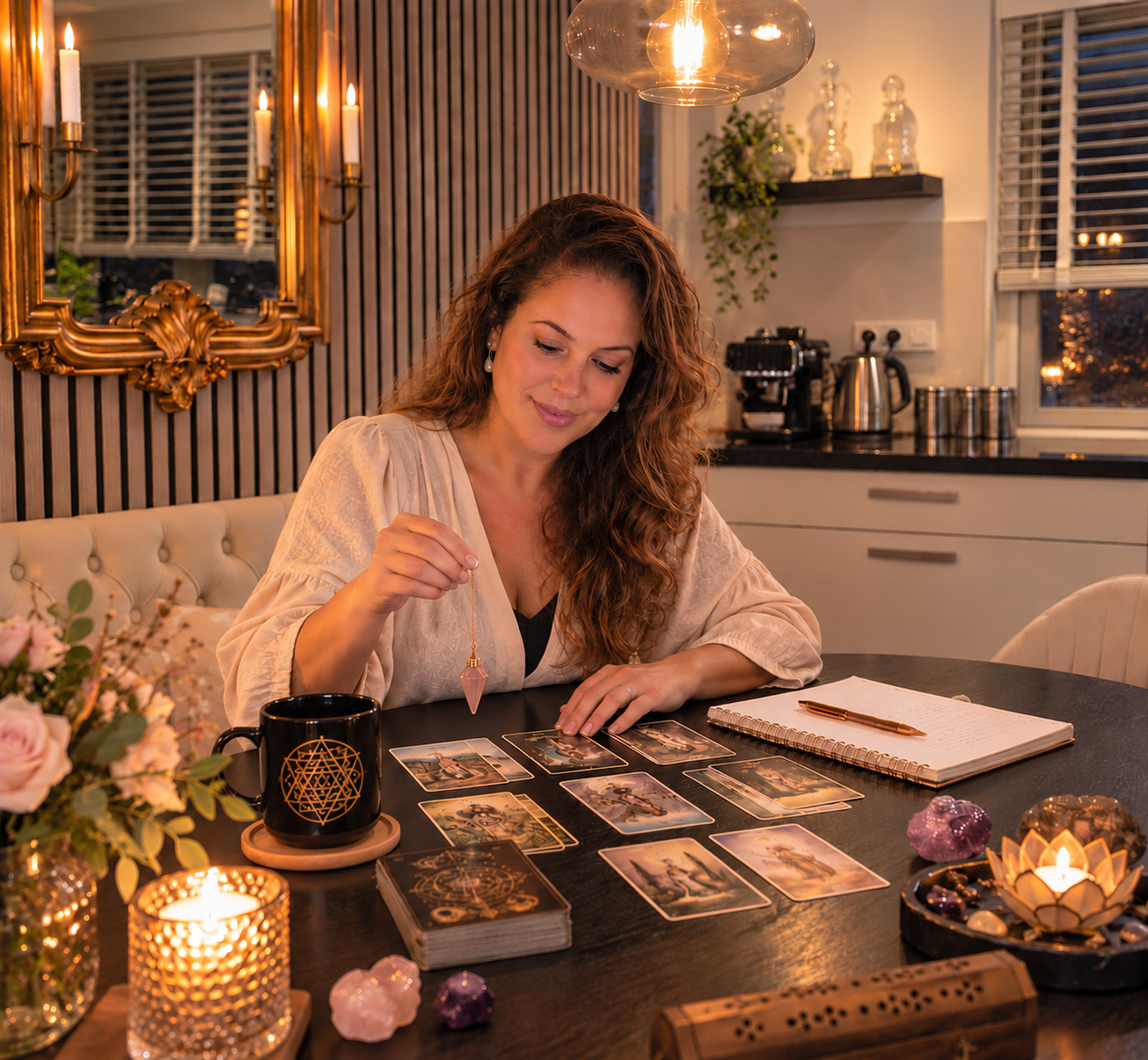 Nicole van Divine Balance werkt met tarotkaarten en een pendel aan de keukentafel