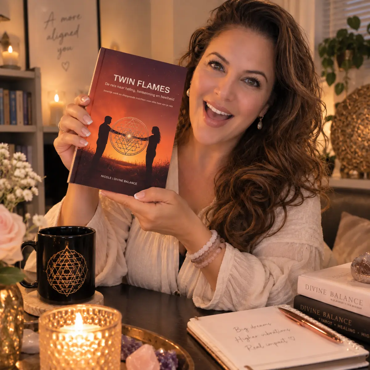 Nicole van Divine Balance houdt haar boek Twin Flames vast