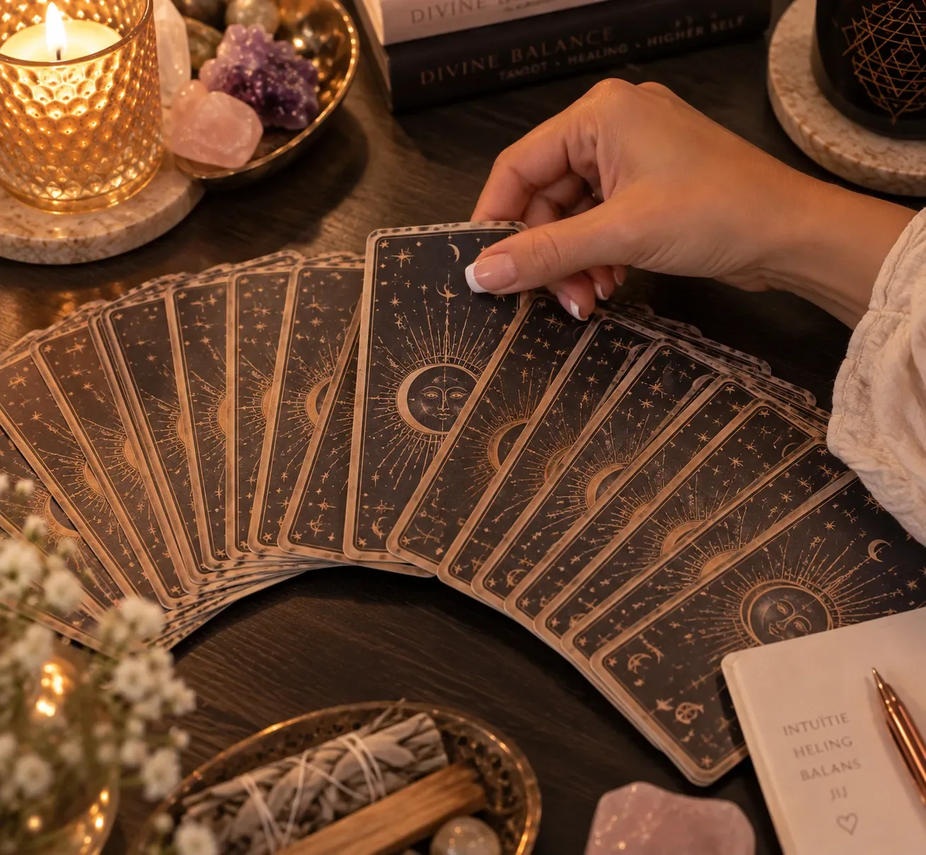 Close-up van tarotkaarten tijdens een reading