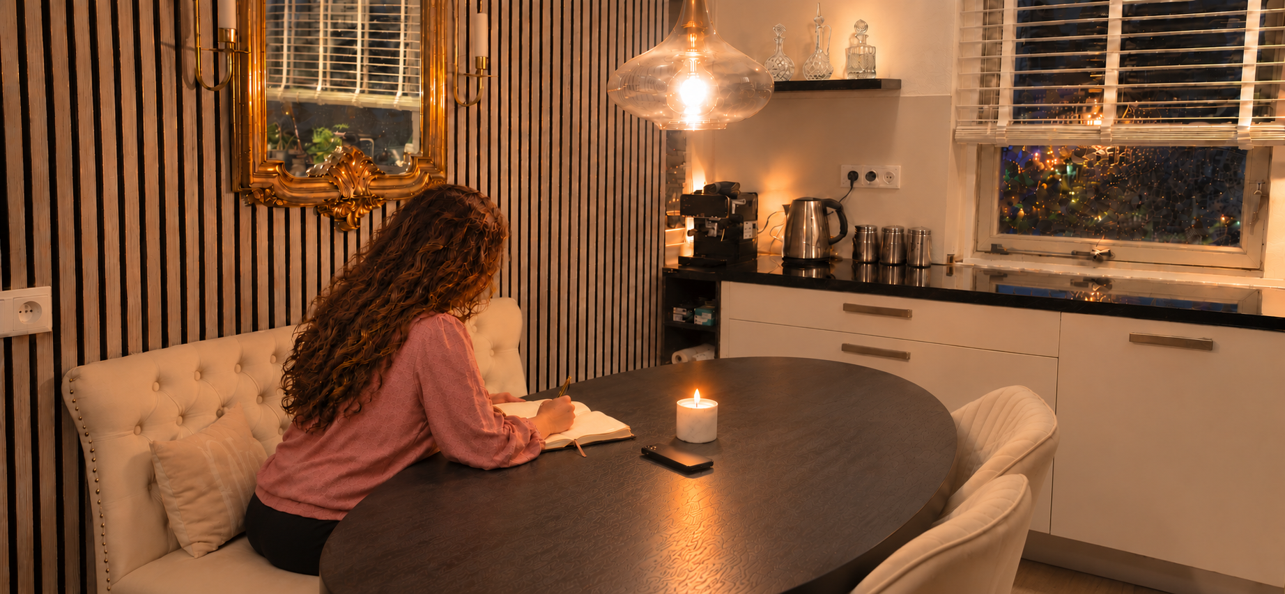 Nicole schrijft in haar journal aan haar keukentafel, met haar telefoon weggelegd.